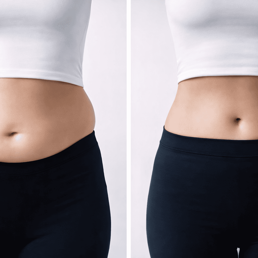 Side-by-side view of the midsection before and after a course of lymphatic sessions